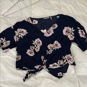 Elegant Floral Knot-Front Blouse - Navy and Pink